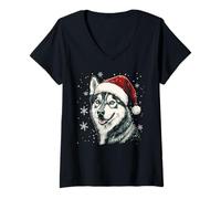 Donna Cappello da Babbo Natale con Husky, Divertente, Carino, Cane, Mamma, papà, Natale Maglietta con Collo a V