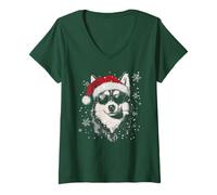 Donna Cappello da Babbo Natale con Husky, Divertente, Carino, Cane, Mamma, papà, Natale Maglietta con Collo a V
