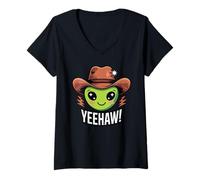 Donna Cappello da cowboy alieno divertente stile rodeo occidentale Yeehaw UFO UFO Umorismo Maglietta con Collo a V