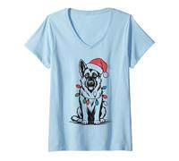 Donna Cappello da Pastore Tedesco da Babbo Natale Divertente Maglietta con Collo a V