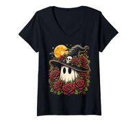 Donna Cappello da Strega Fantasma Rose Gotico Halloween Art Donne Ragazze Maglietta con Collo a V