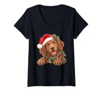 Donna Cappello di Babbo Natale con Cane Marrone Felice Maglietta con Collo a V