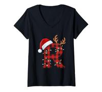 Donna Cappello di Babbo Natale con monogramma in Tartan R Maglietta con Collo a V