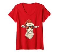 Donna Cappello di Babbo Natale di Capra Divertente Carino Fattoria Animale Agricoltore Natale Maglietta con Collo a V