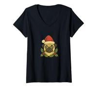 Donna Cappello di Babbo Natale Pug Holly Holiday Cheer Maglietta con Collo a V