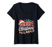Donna Cappello di Babbo Natale Rosso con Scritta Merry Christmas Maglietta con Collo a V