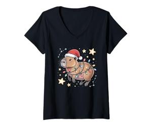 Donna Cappello di Natale Capybara Space Lights Stars Fun Xmas Hat Maglietta con Collo a V