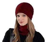 Donna Cappello e Sciarpa Inverno Set Uomo Maglia Berretto Scaldacollo con Fodera in Pile Caldo Cappello Inverno Scaldacollo Cappellino da Sci per Sport All'aperto, bordeaux, Taglia unica
