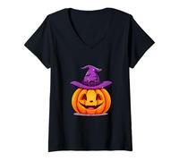 Donna Cappello Viola Zucca Camicia Halloween Ottobre Party Maglietta con Collo a V