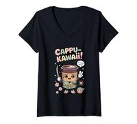 Donna Cappu Kawaii Samurai tazza da caffè carino divertente arte Maglietta con Collo a V