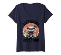 Donna Cappuccino Assassino Retro Arte Giapponese Ninja Coffee Lover Maglietta con Collo a V