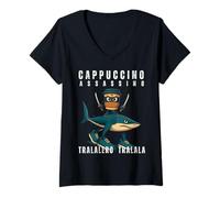 Donna Cappuccino Assassino Tralalero Tralala Italiano Brainrot Meme Maglietta con Collo a V