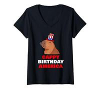 Donna Cappy Birthday America 250 Years Cute Capybara American Maglietta con Collo a V