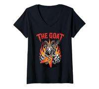 Donna Capra in metallo con chitarra Flames Pentagram Rock Maglietta con Collo a V
