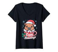 Donna Capy Holidays - Cappello da Babbo Natale Capybara con Grafica Maglietta con Collo a V