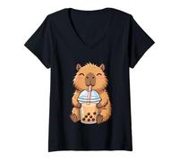 Donna Capybara Bere Boba Tea Divertimento Ragazze Adolescenti Ragazzi Ragazzi Capybara Maglietta con Collo a V