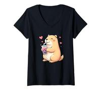 Donna Capybara Bubble Tea - Carino Capy Maglietta con Collo a V