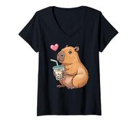 Donna Capybara Bubble Tea Lovely Cute Capyboba Boba Milk Tea Maglietta con Collo a V