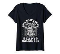 Donna Capybara Calmness Retro Vibes Art - Chill Summer Mood Maglietta con Collo a V