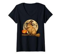 Donna Capybara Cappello da Strega Jack O Lanterna Zucca Moon Scopa Maglietta con Collo a V