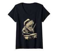 Donna Capybara Che Suona la Batteria Divertente Cowboy Animale Western Batterista Maglietta con Collo a V