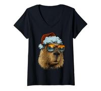 Donna Capybara con Occhiali da Sole Neve Cappello di Babbo Natale Animale Maglietta con Collo a V