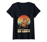 Donna Capybara Dont Worry Be Capy Retro Meme Roditore Uomini Donne Bambini Maglietta con Collo a V