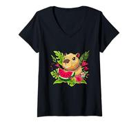 Donna Capybara Eating Watermelon Illustration Graphic Designs Maglietta con Collo a V