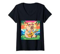 Donna Capybara Hawaiian Ukulele Summer Vibes Sunset Maglietta con Collo a V