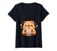 Donna Capybara Kawaii Anime Bere Bubble Tea Amante Donne Ragazza Maglietta con Collo a V