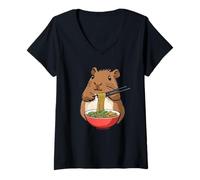 Donna Capybara mangia ramen | Progettazione grafica Kawaii | Japan Noodles Maglietta con Collo a V