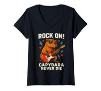 Donna Capybara Rock On Suonare Chitarra Divertente Animale Musica Design Maglietta con Collo a V