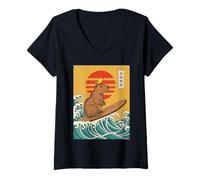 Donna Capybara Surf Giapponese Grande Onda Kanagawa Ukiyo-e Maglietta con Collo a V