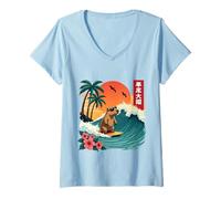 Donna Capybara Surfing Wave Retro Palma Tramonto Capybara Amanti Maglietta con Collo a V