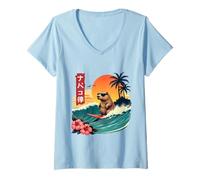 Donna Capybara Surfing Wave Retro Palma Tramonto Capybara Amanti Maglietta con Collo a V