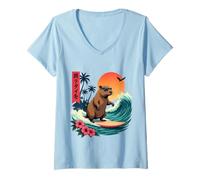 Donna Capybara Surfing Wave Retro Palma Tramonto Capybara Amanti Maglietta con Collo a V