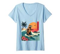 Donna Capybara Surfing Wave Retro Palma Tramonto Capybara Amanti Maglietta con Collo a V