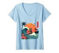 Donna Capybara Surfing Wave Retro Palma Tramonto Tropical Vibes Maglietta con Collo a V