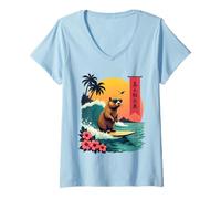 Donna Capybara Surfing Wave Retro Palma Tramonto Tropical Vibes Maglietta con Collo a V