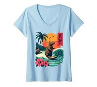 Donna Capybara Surfing Wave Retro Palma Tramonto Tropical Vibes Maglietta con Collo a V