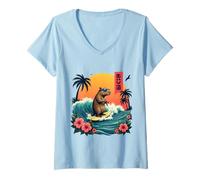 Donna Capybara Surfing Wave Retro Palma Tramonto Tropical Vibes Maglietta con Collo a V