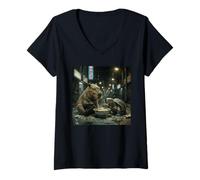 Donna Capybara Tartaruga Ramen Mangiare Bacchette Urban Night Maglietta con Collo a V