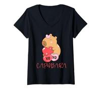 Donna Capybara Valentine XO Love Hearts San Valentino Maglietta con Collo a V