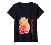 Donna Capybara Valentine XO Love Hearts San Valentino Maglietta con Collo a V