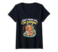 Donna Capybaras Rodents Gaming Can't Hear You I'm Gaming Capybara Maglietta con Collo a V