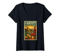 Donna Cardiff Galles - Poster da viaggio vintage stile Maglietta con Collo a V