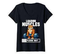 Donna Caricamento Muscoli Tigre Sollevamento Pesi Divertente Palestra Meme Maglietta con Collo a V