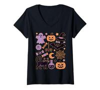 Donna Carina inquietante Halloween Ghost Bat Pumpkin Cat Coquette Maglietta con Collo a V