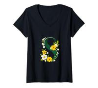 Donna Carina Tshirt Lettera S. LA Lettera S con Fiori E Foglie Maglietta con Collo a V