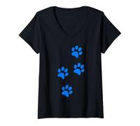 Donna Carine Stampe Blu Zampa Maglietta con Collo a V